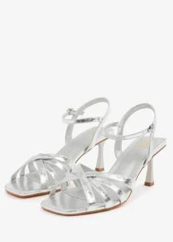 Where's That From Silver PU Torigh Cross-Over Multi-Strap Adjustable Buckle Heel
