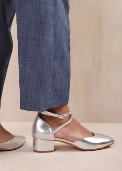 Where's That From Silver Peru  Low Ankle Strap Block Heels