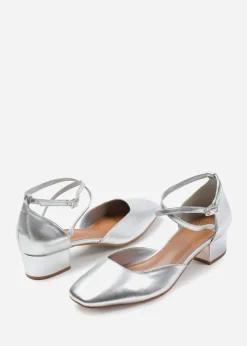 Where's That From Silver Peru  Low Ankle Strap Block Heels