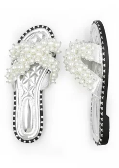Where's That From Silver Eve Pearl Embellished Flat Slider Sandals