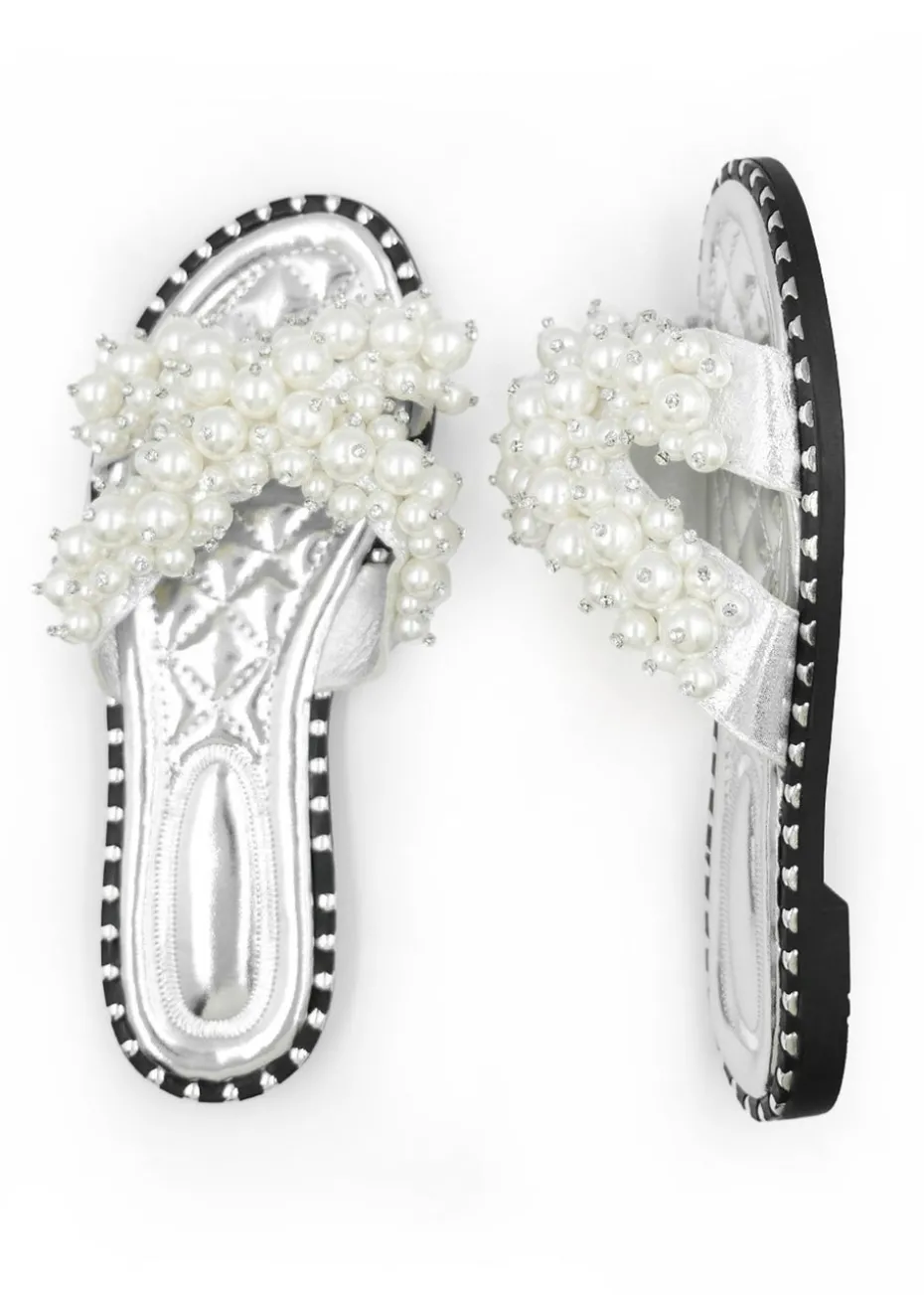 Where's That From Silver Eve Pearl Embellished Flat Slider Sandals