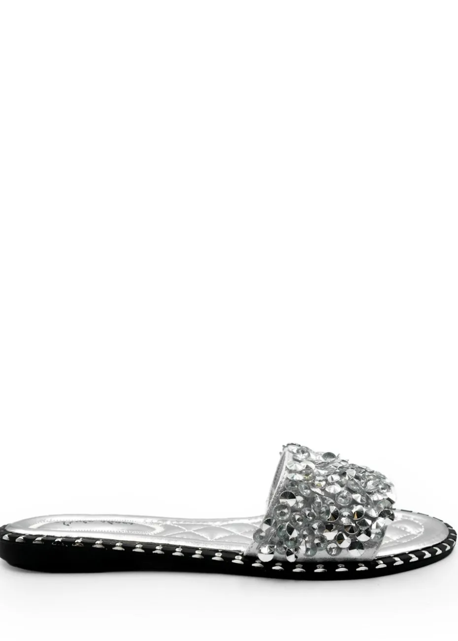 Where's That From Silver Belle Diamante Sparkly Flat Sliders