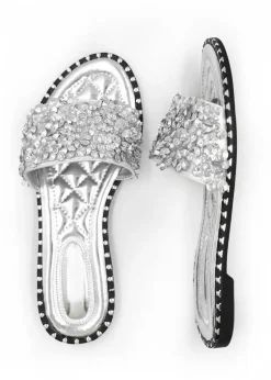 Where's That From Silver Belle Diamante Sparkly Flat Sliders