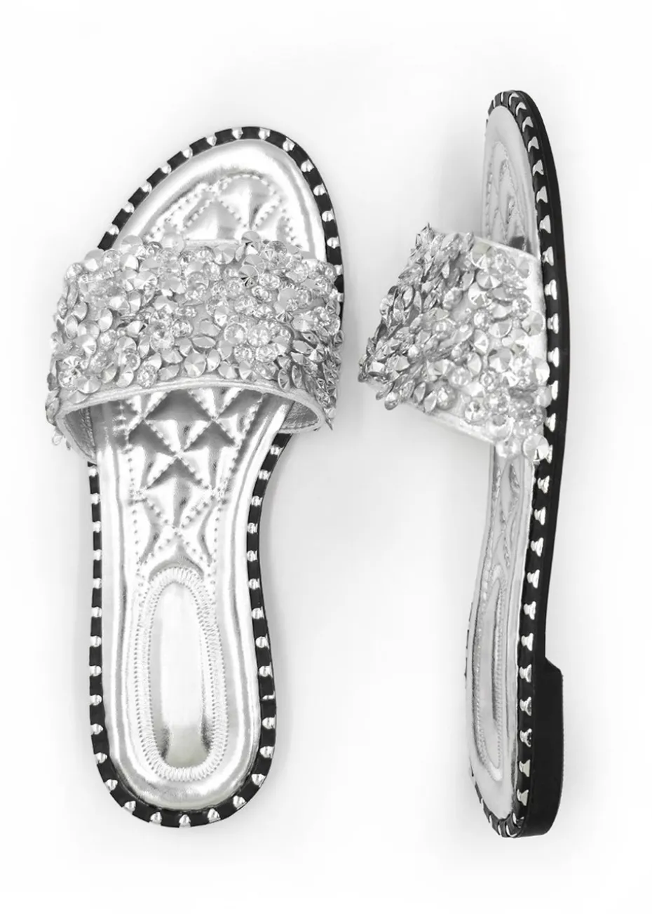 Where's That From Silver Belle Diamante Sparkly Flat Sliders
