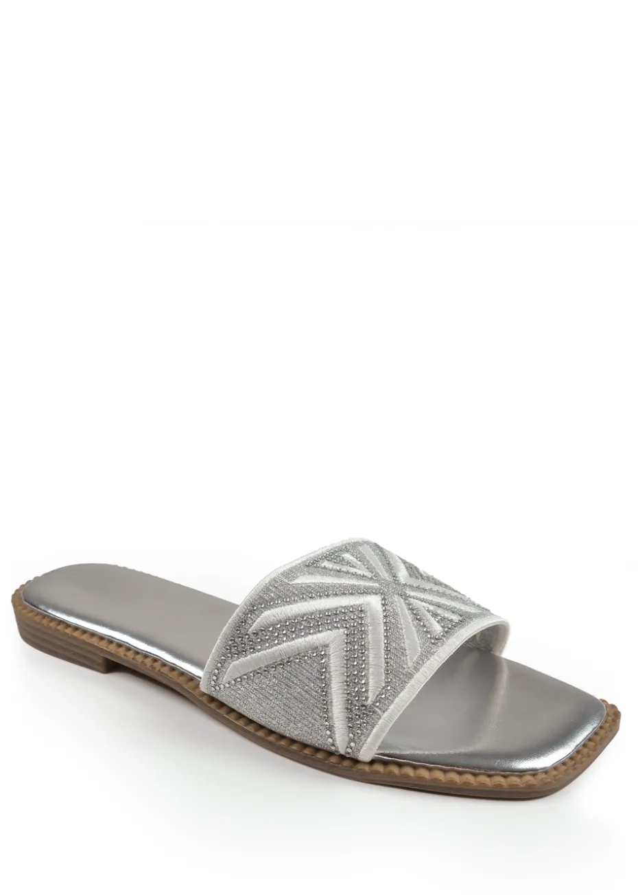 Where's That From Silver Metallic Blossom Single Band Flat Sandals