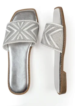 Where's That From Silver Metallic Blossom Single Band Flat Sandals