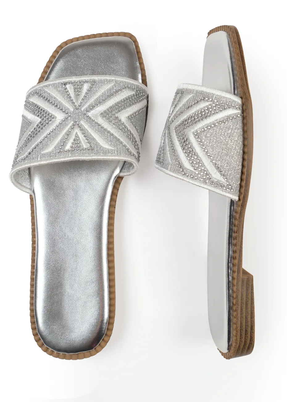 Where's That From Silver Metallic Blossom Single Band Flat Sandals