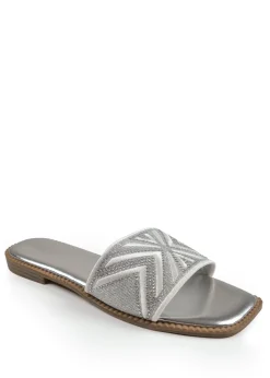 Where's That From Silver Metallic Blossom Single Band Flat Sandals