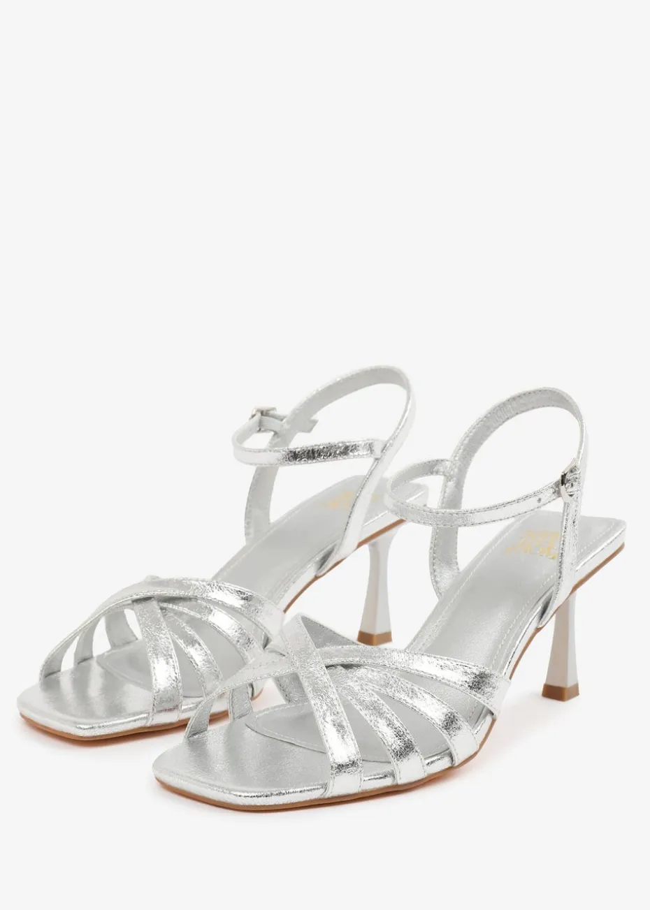 Where's That From Silver PU Torigh Wide-Fit Cross-Over Multi-Strap-Adjustable Buckle Heel