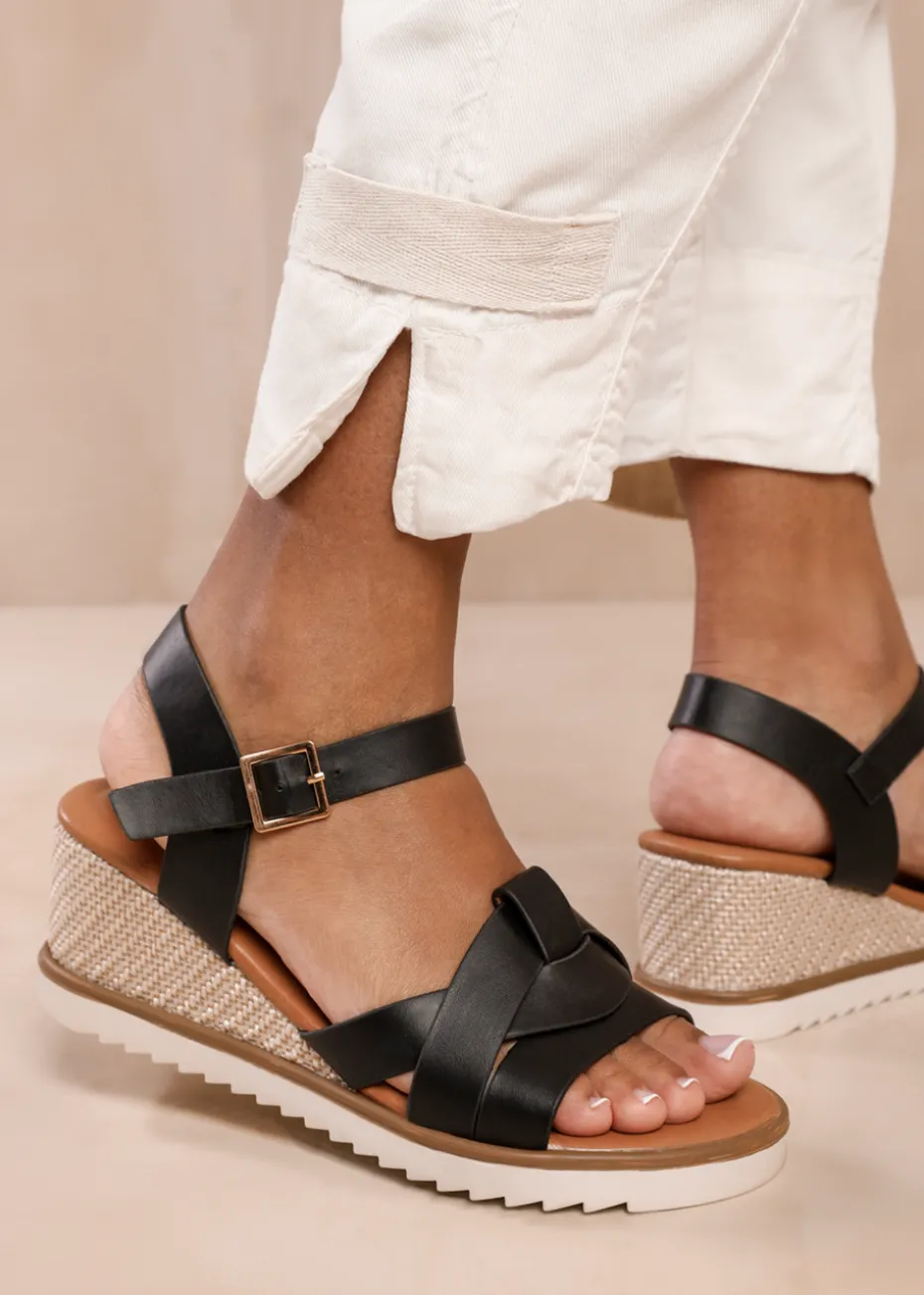 Where's That From Sydney Black Wedge With Front Strap Detail
