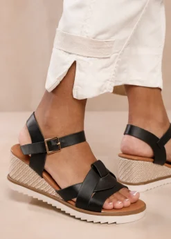 Where's That From Sydney Black Wedge With Front Strap Detail