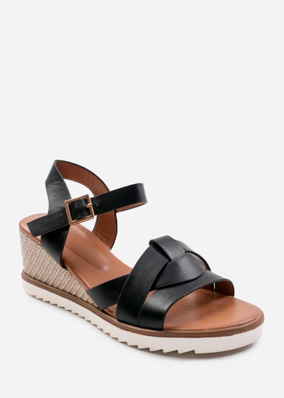 Where's That From Sydney Black Wedge With Front Strap Detail