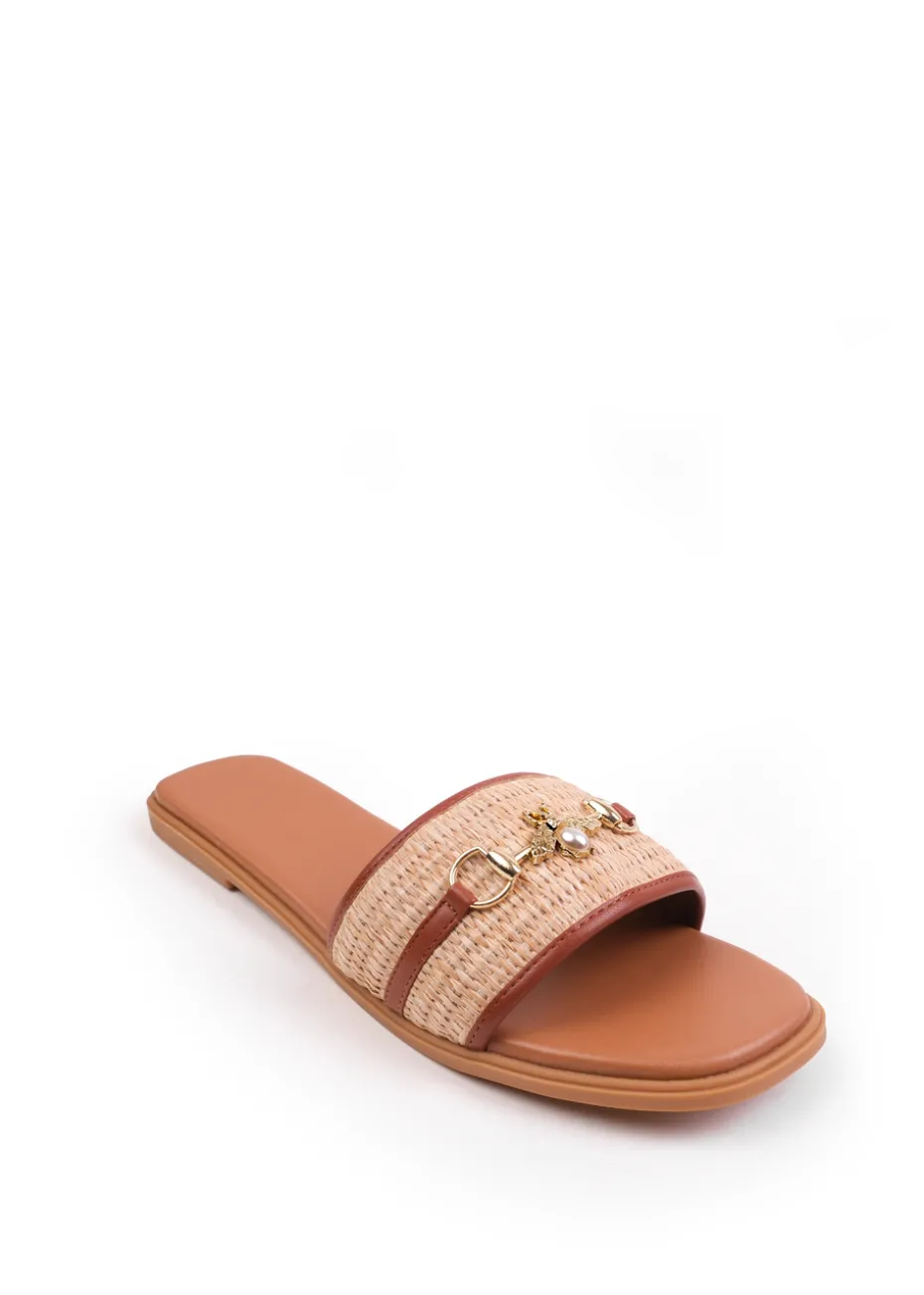 Where's That From Tan PU Harmony Straw Detail Strap Sandals