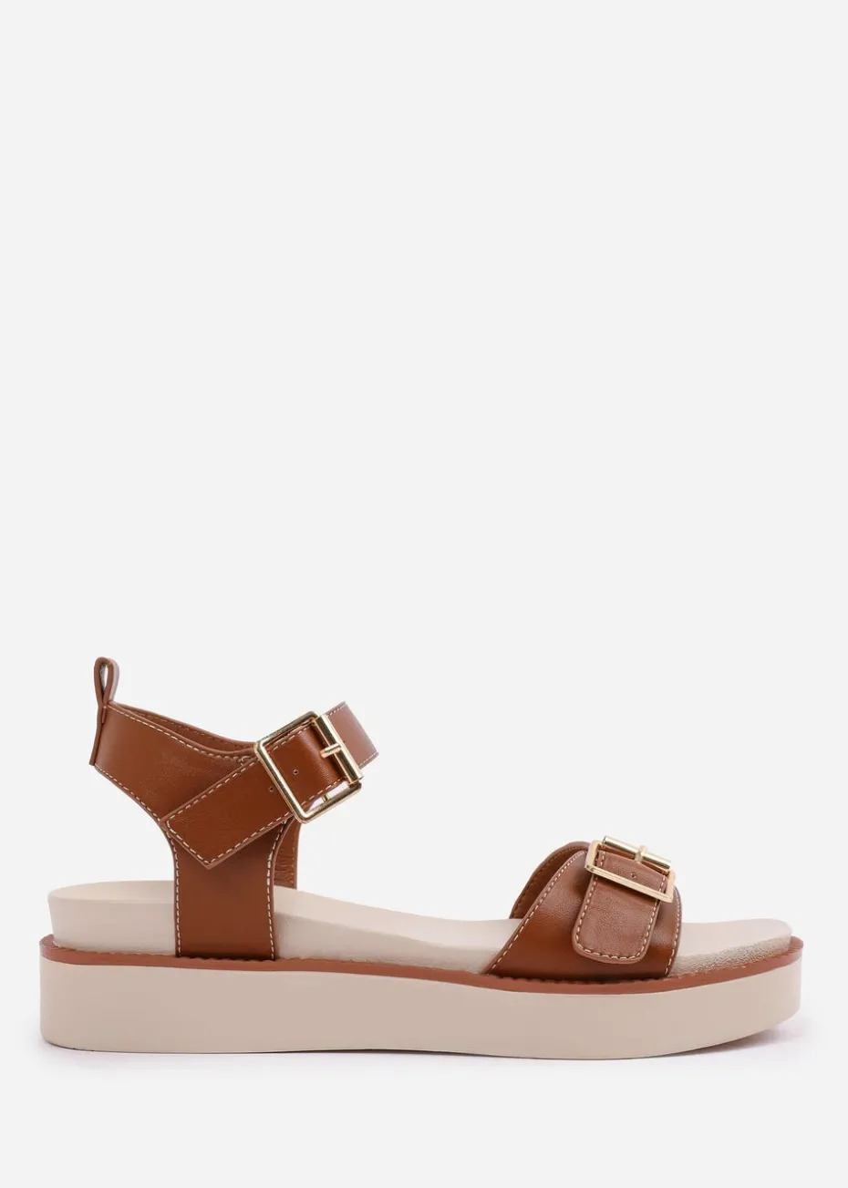 Where's That From Tan PU Isabel Double-Buckle-Strap Platform Sandals
