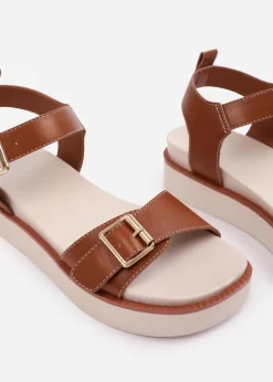 Where's That From Tan PU Isabel Double-Buckle-Strap Platform Sandals
