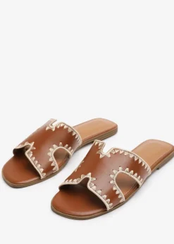 Where's That From Tan PU Nyomi Cut-Out strap Flat Sandals