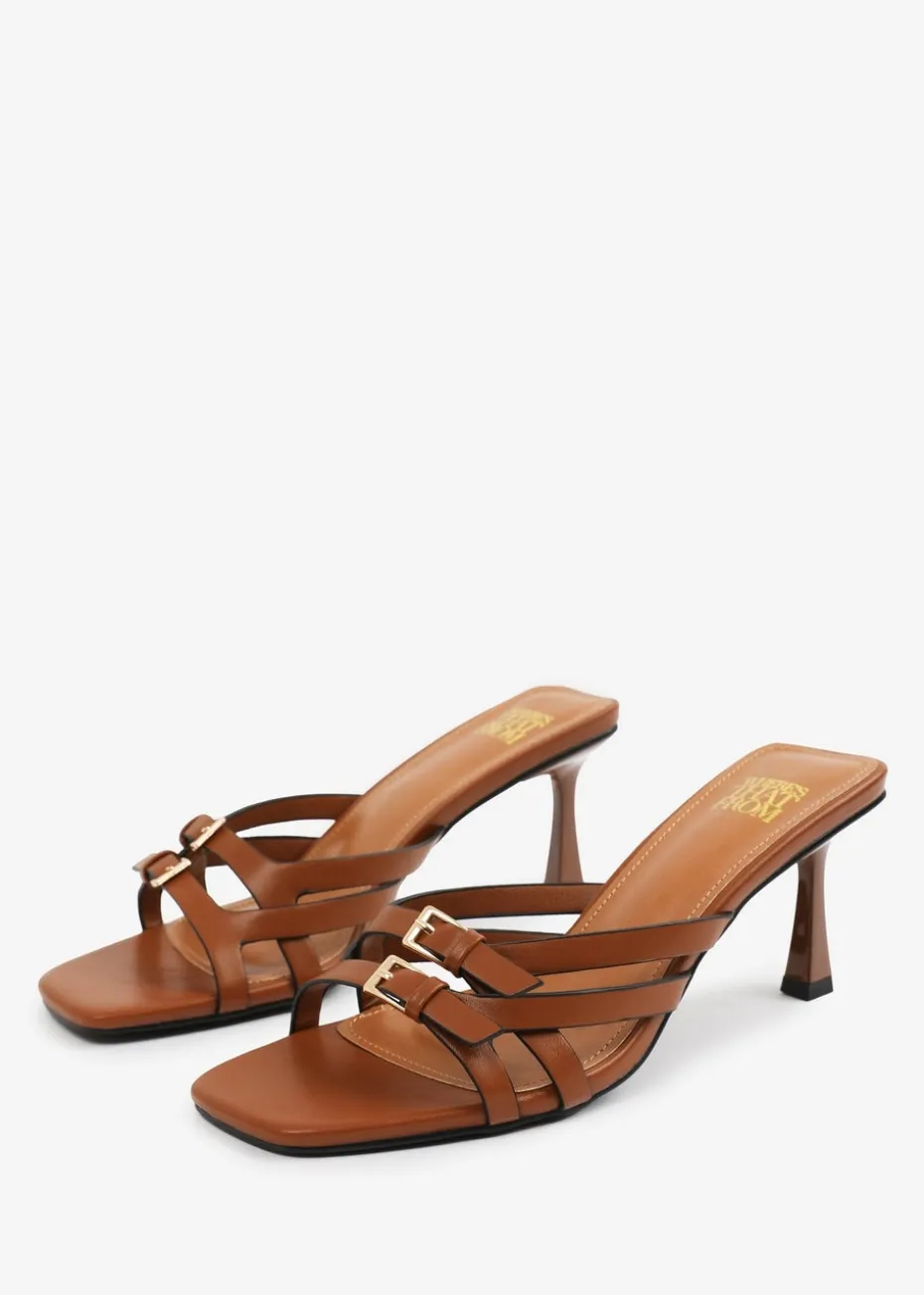Where's That From Tan PU Ariela Wide-Fit Cross-Over-Buckle Details Strap Heel