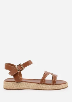 Where's That From Tan PU Sofia Wide Fit Flatform Sandal