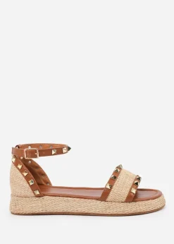 Where's That From Tan PU Aviva Studded Gladiator Espadrille Flatform