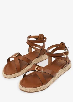 Where's That From Tan-PU Alora Wide-Fit Cross-Over Buckle Strap Sandals