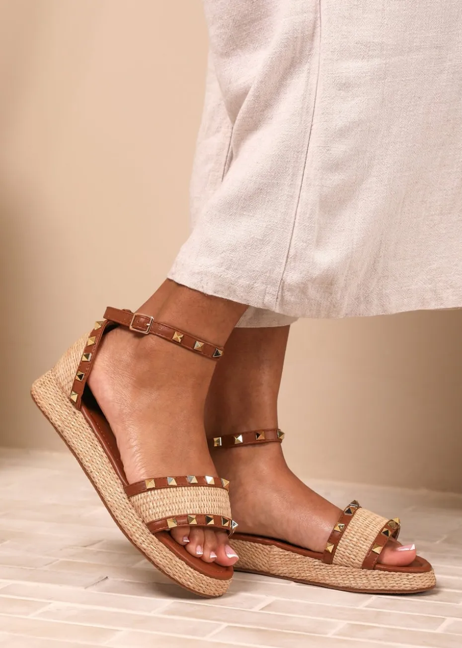 Where's That From Tan-PU Aviva Wide-Fit Studded Gladiator Espadrille Flatform
