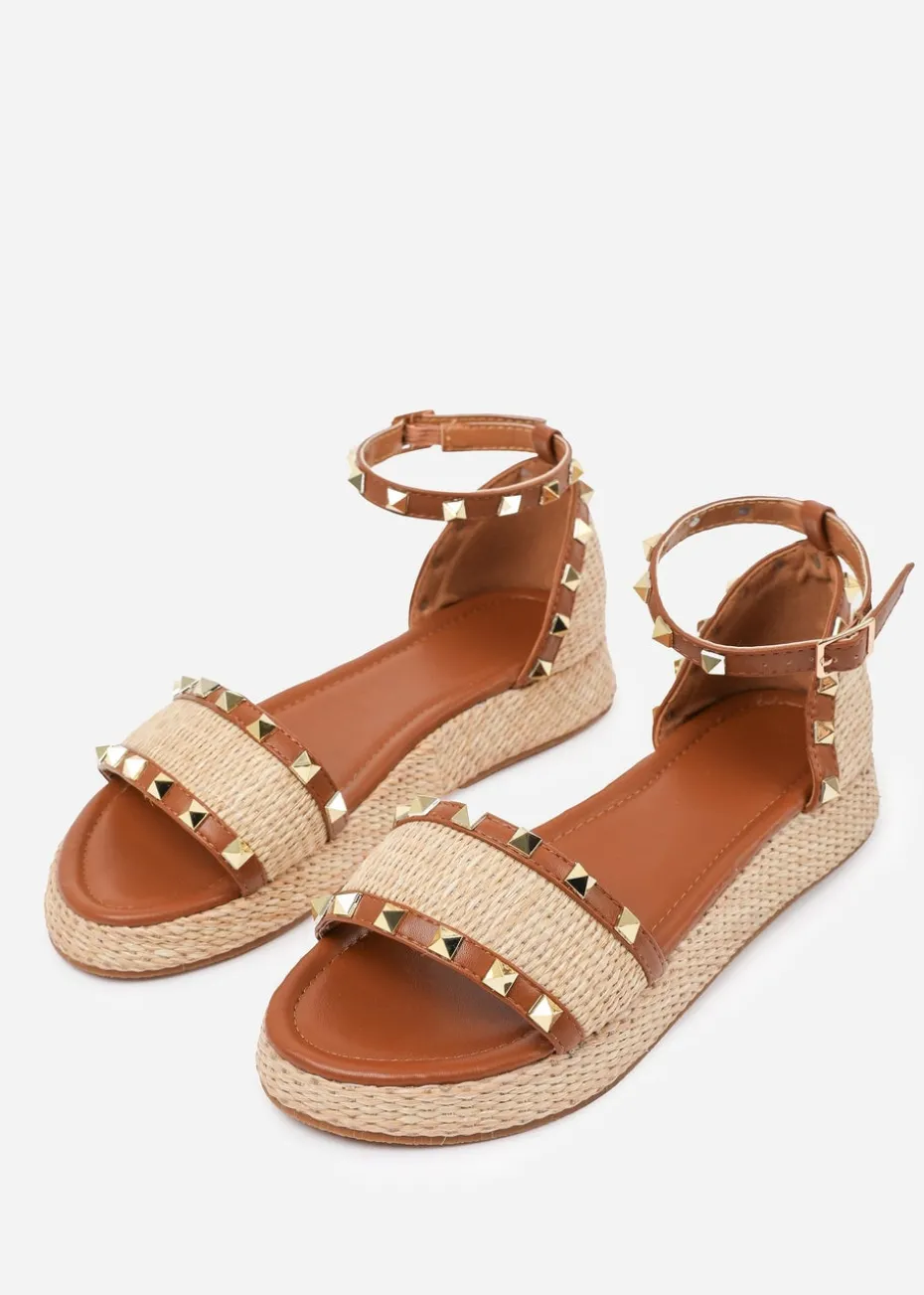 Where's That From Tan-PU Aviva Wide-Fit Studded Gladiator Espadrille Flatform