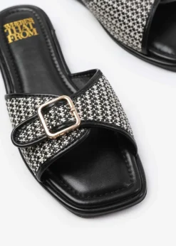 Where's That From Vermont Black Pu Front Buckle Raffia Sliders