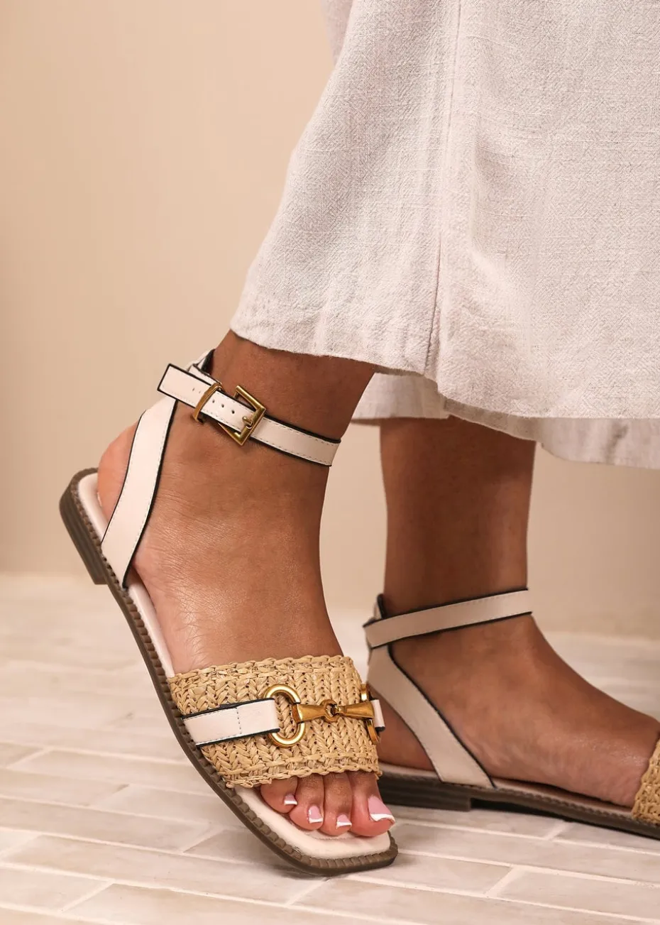 Where's That From Wide-Fit Cream-PU Catelyn Straw Detail Strap Sandals