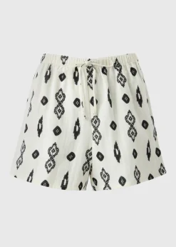 White Aztec Print Double Cloth Shorts