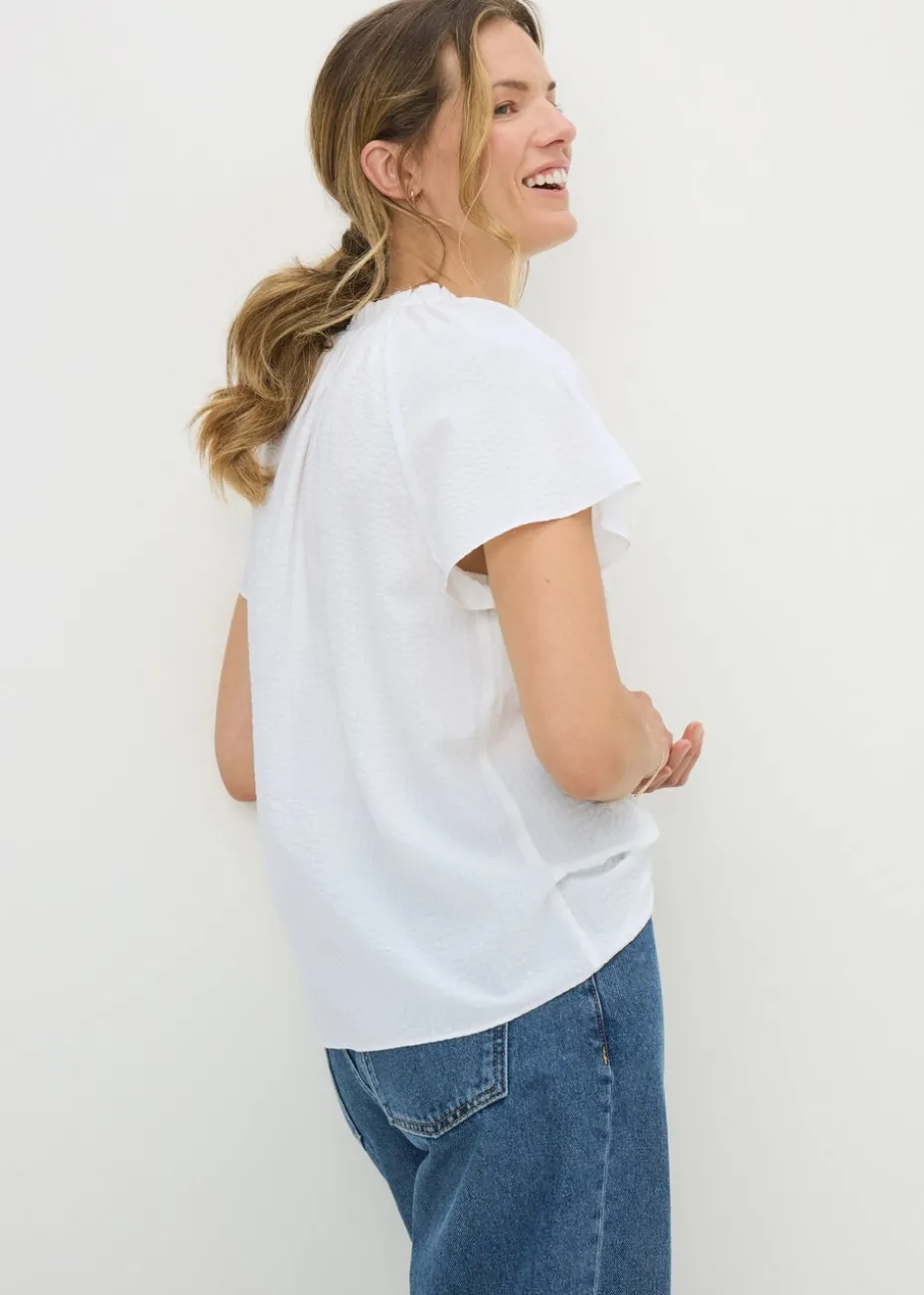 White Boho Tie Neck Short Sleeve Blouse