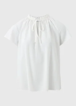 White Boho Tie Neck Short Sleeve Blouse