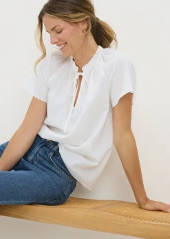 White Boho Tie Neck Short Sleeve Blouse