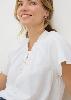 White Boho Tie Neck Short Sleeve Blouse