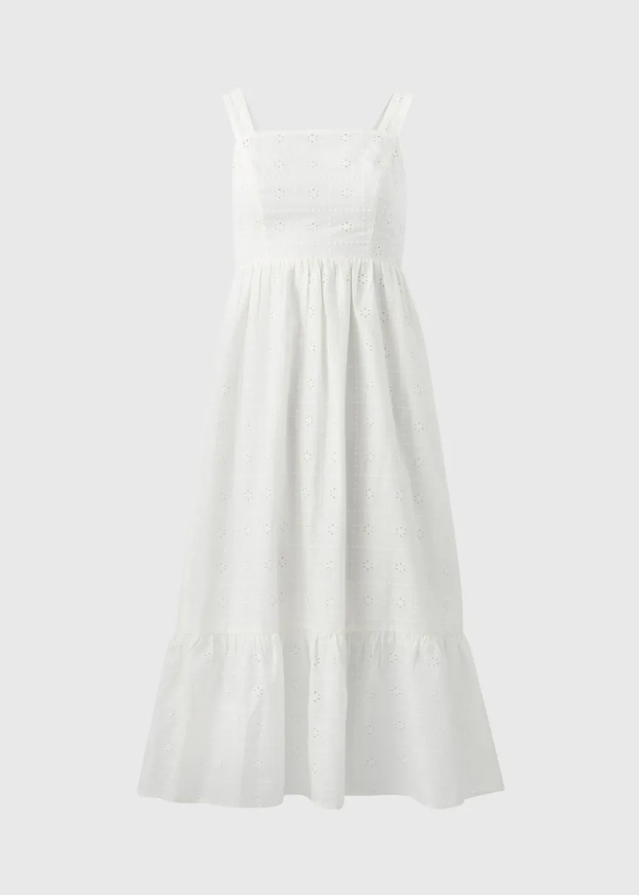 White Broderie Anglaise Square Neck Midi Dress