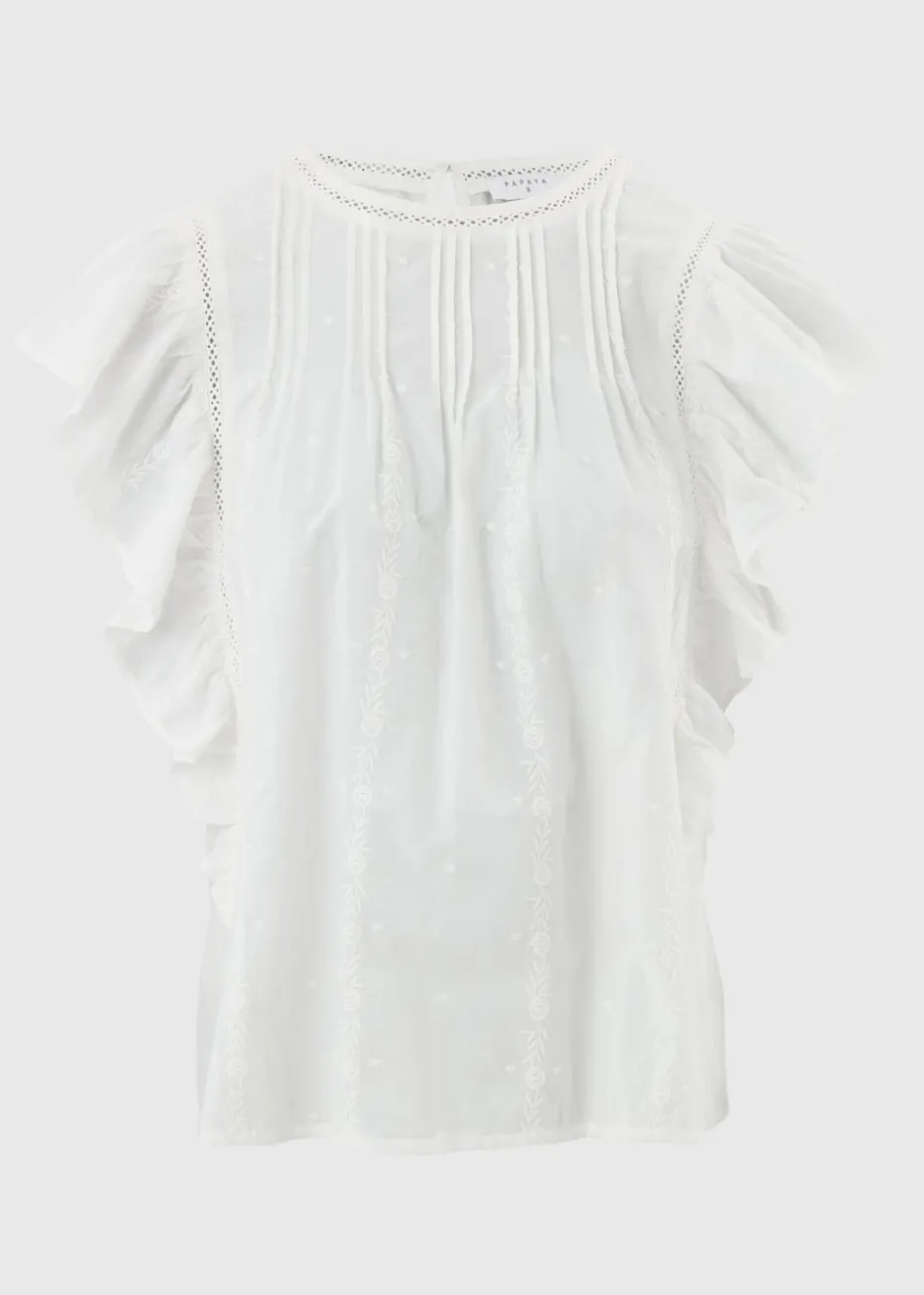 White Dobby Ruffle Sleeve Blouse