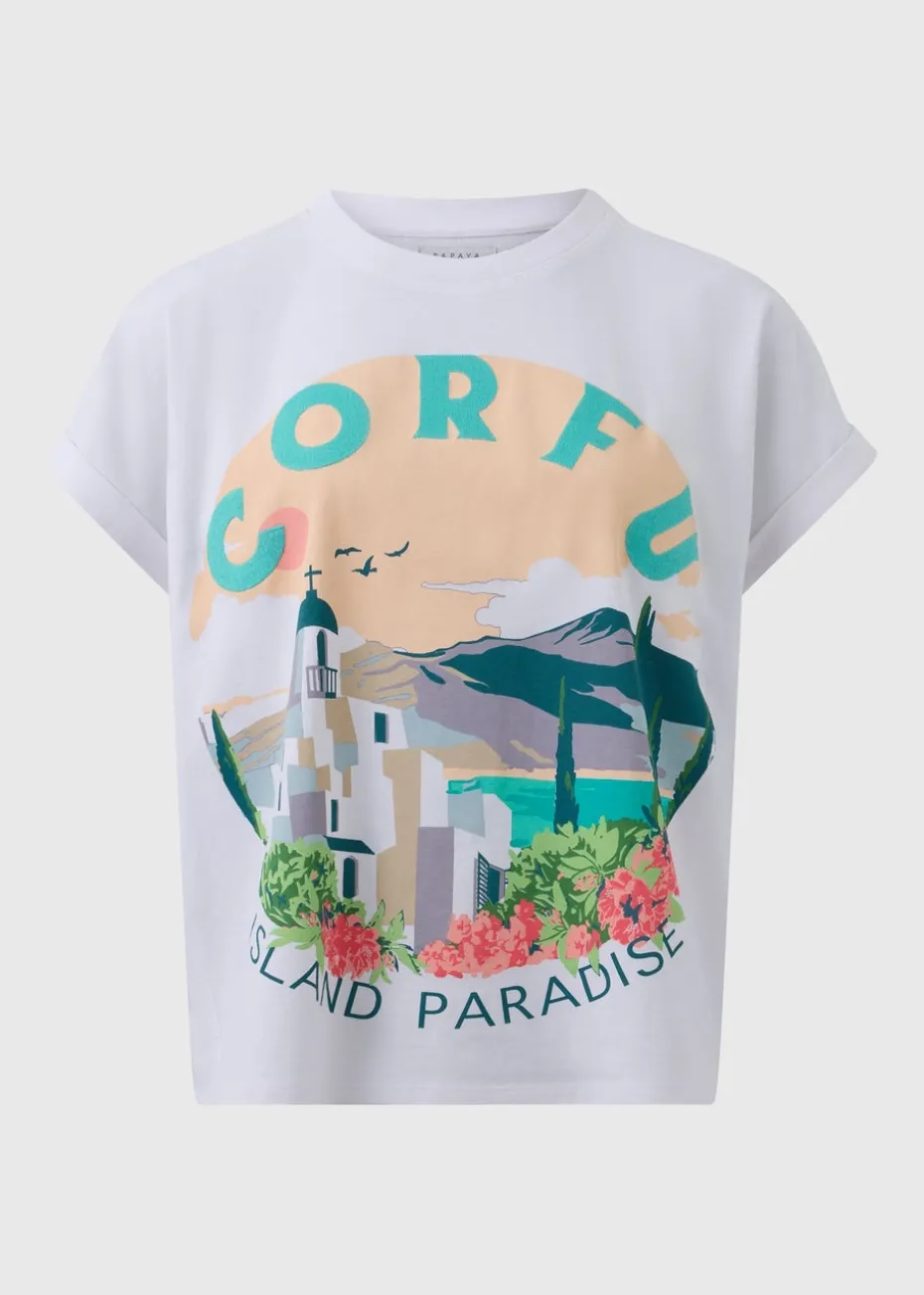 White Embellished Corfu Graphic T-Shirt