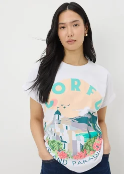 White Embellished Corfu Graphic T-Shirt