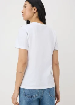 White Embroidered Leaf Print T-Shirt