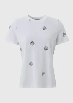 White Embroidered Leaf Print T-Shirt