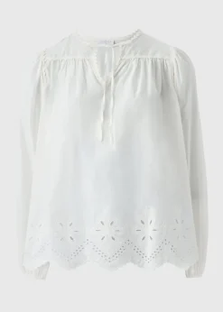 White Embroidered Tie Neck Blouse