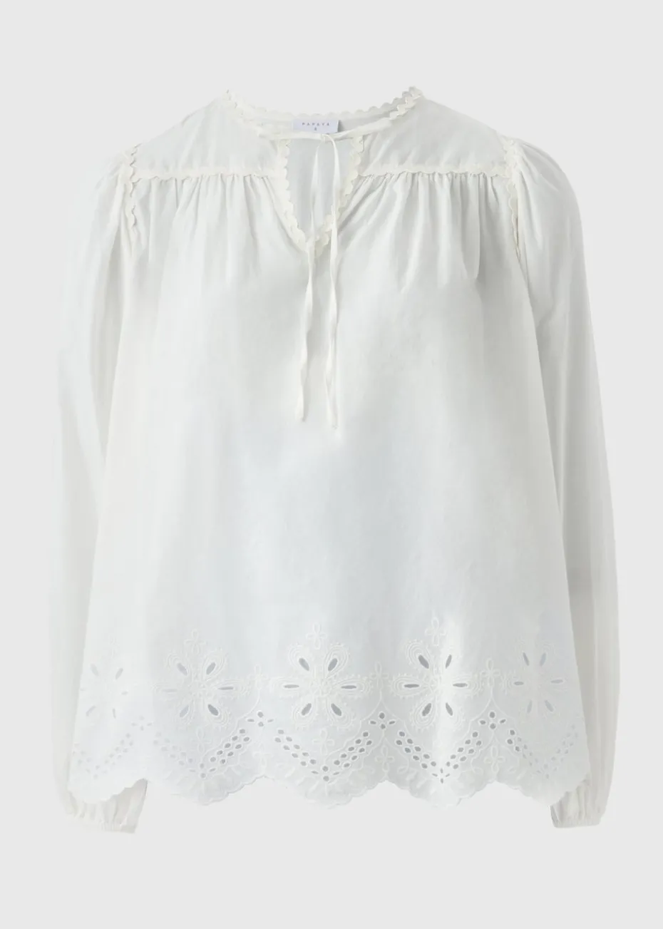 White Embroidered Tie Neck Blouse