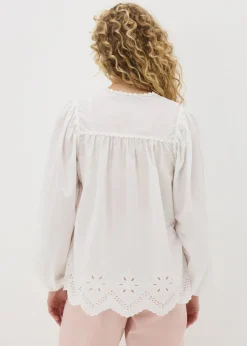 White Embroidered Tie Neck Blouse