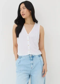 White Linen Blend Button Up Vest Top