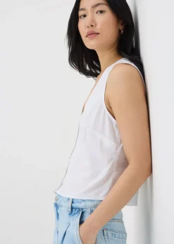 White Linen Blend Button Up Vest Top