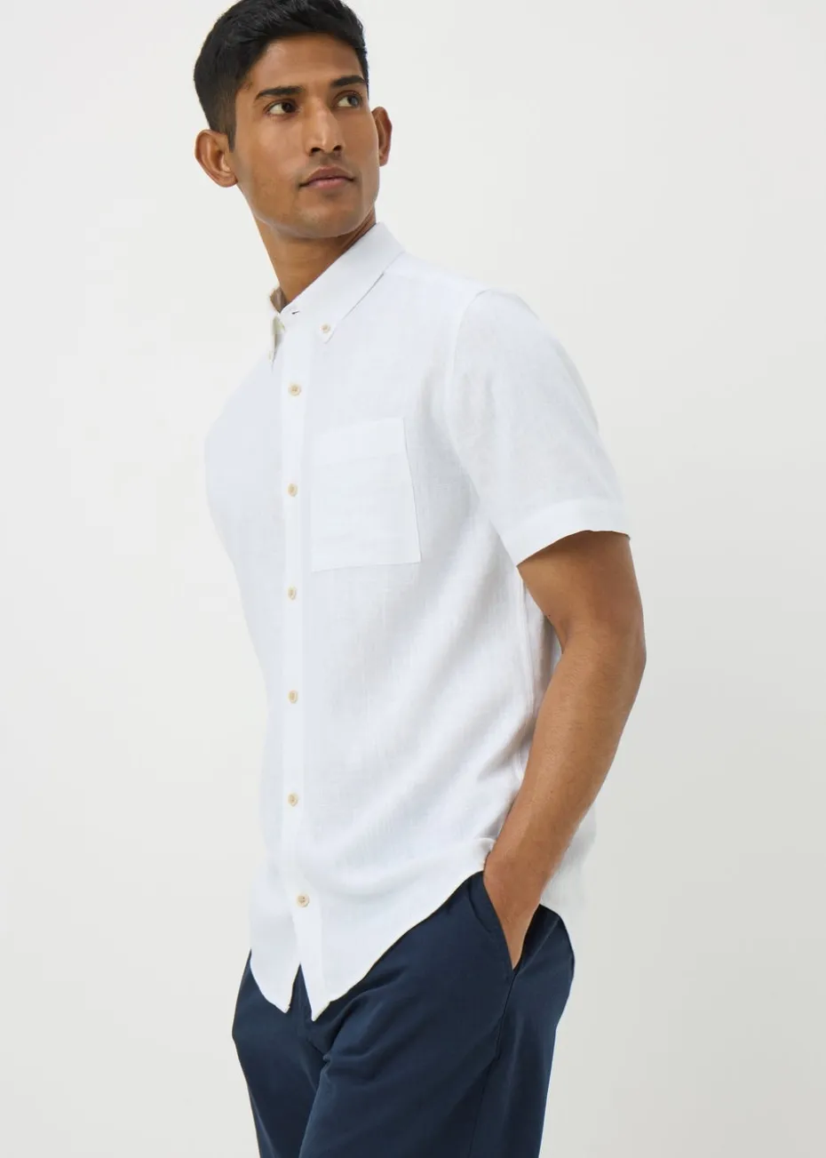 White Linen Blend Short Sleeve Shirt