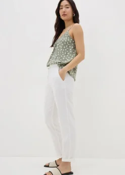 White Linen Blend Tapered Trousers