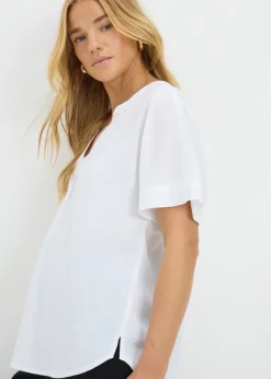 White Linen Blend V-Neck Top