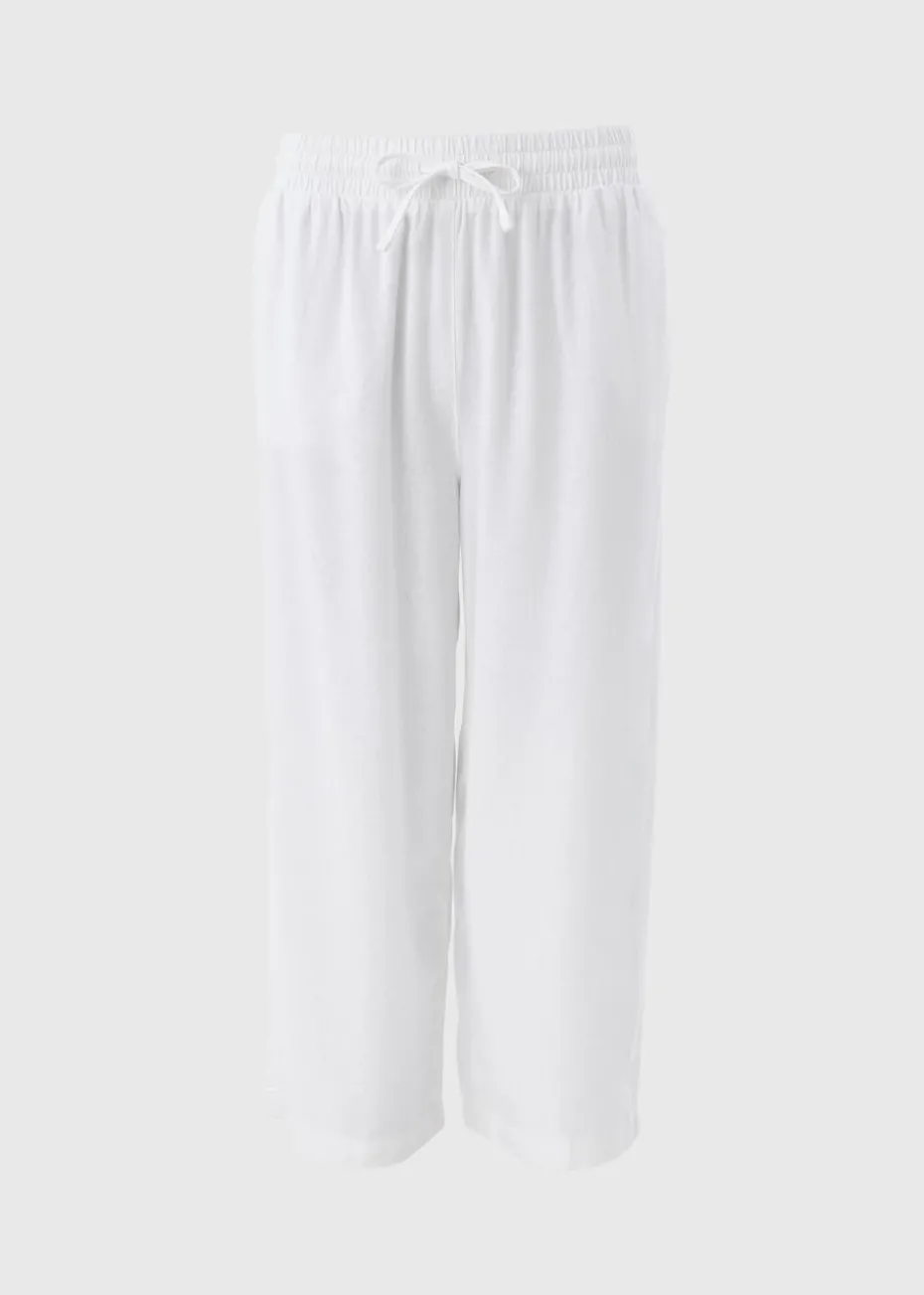 White Linen Blend Wide Cropped Trousers
