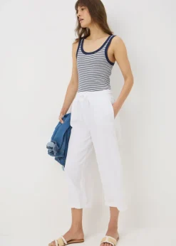 White Linen Blend Wide Cropped Trousers
