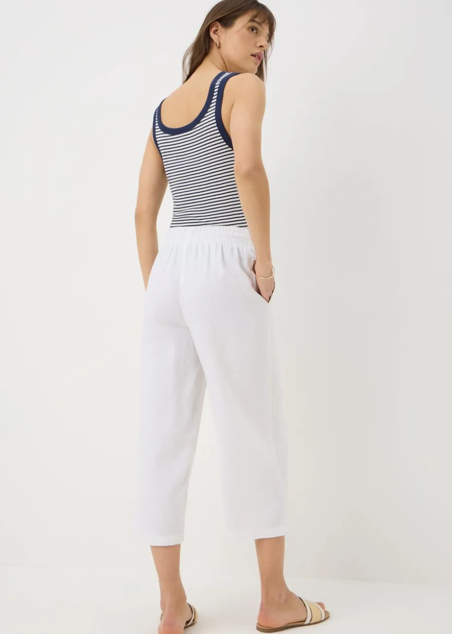 White Linen Blend Wide Cropped Trousers
